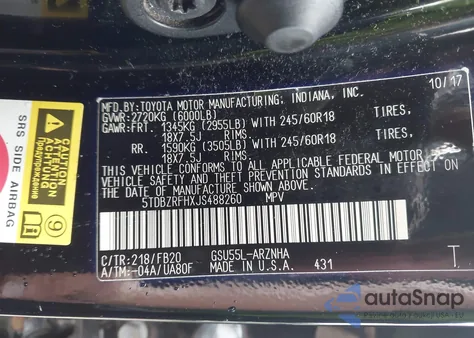 2018 Toyota Highlander Le из США, поврежденный, VIN 5TDBZRFHXJS488260